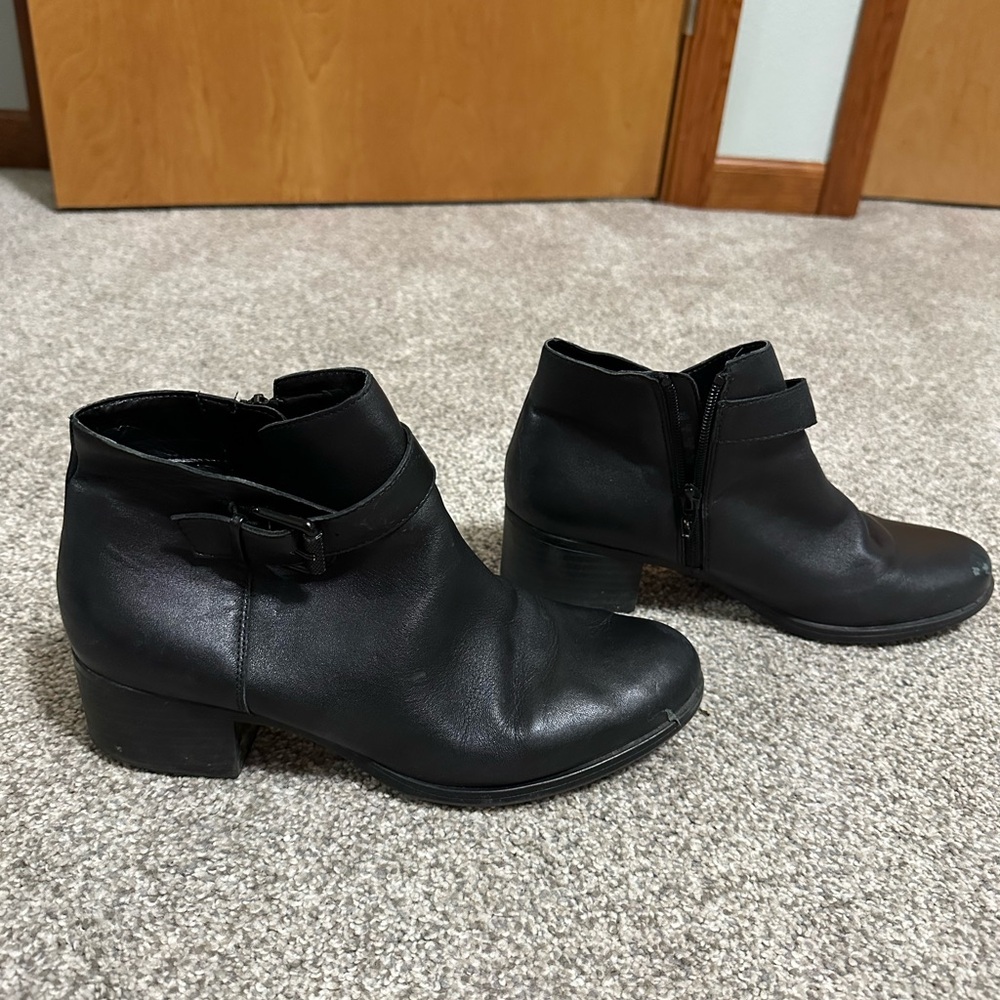 Black Leather Ankle Booties with Side Buckle